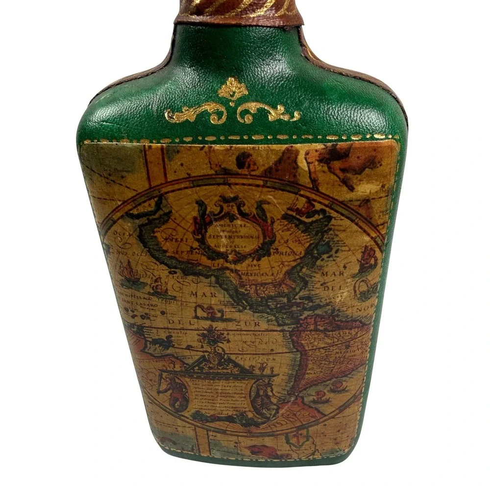 Vintage Italian Style World Map Liquor Decanter Wood Stopper Barware
